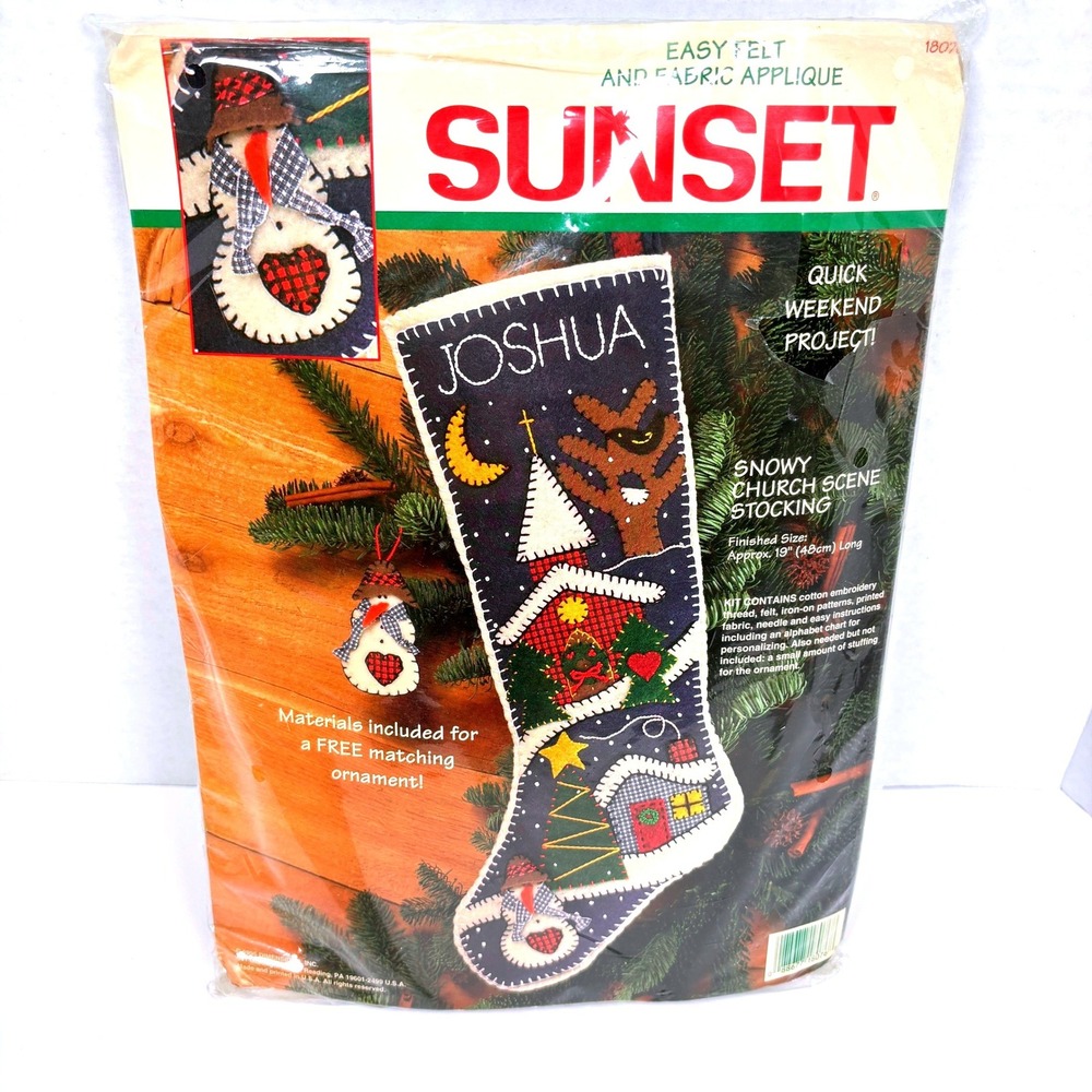 Vtg 90s Sunset Snowy Church Felt Applique Christmas Stocking Kit 19" Country NEW
